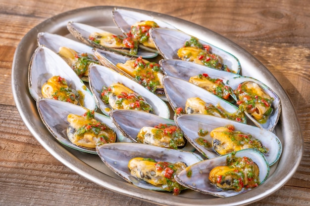 Baked half shell mussels