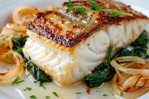 Photo baked halibut fillet grilled sea food white fish pollock or cod steak with parsnip cream