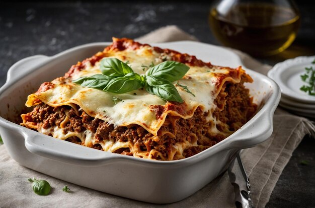 Photo baked lasagna with ground beef ricotta and fresh mozzarella