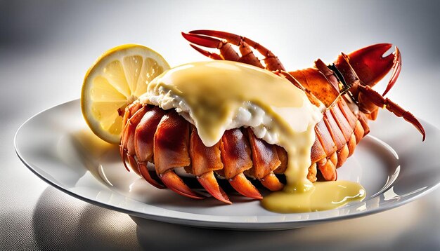 Photo baked lobster tail with melted butter and lemon