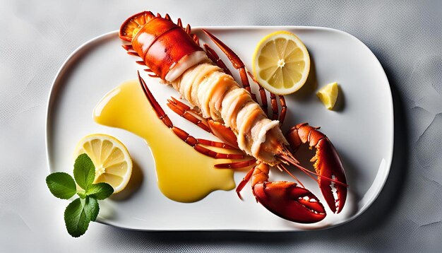 Photo baked lobster tail with melted butter and lemon