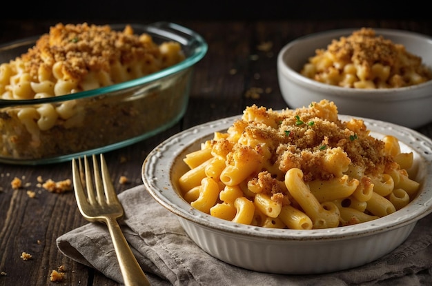 Photo baked mac and cheese with a golden breadcrumb crust