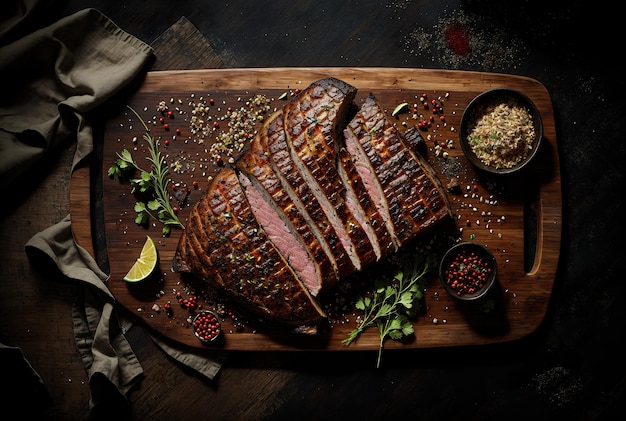 Baked meat pork with herbs and lemon on a wooden board top view Generative AI