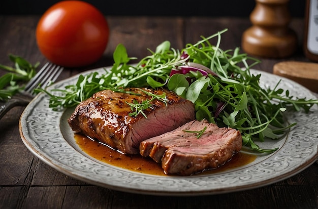 Baked meat with fresh rocket salad