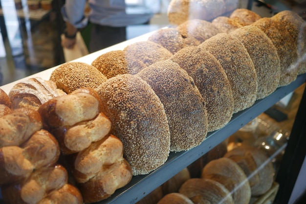 Baked pastry with glass window in the bakery