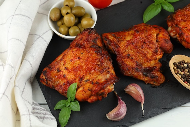 Baked pieces of chicken with olives and spices