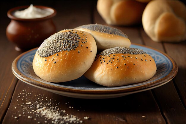 Baked poppy seed buns on thin dough with sugar on plate