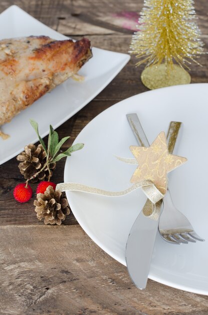 Baked pork loin with Christmas decoration.