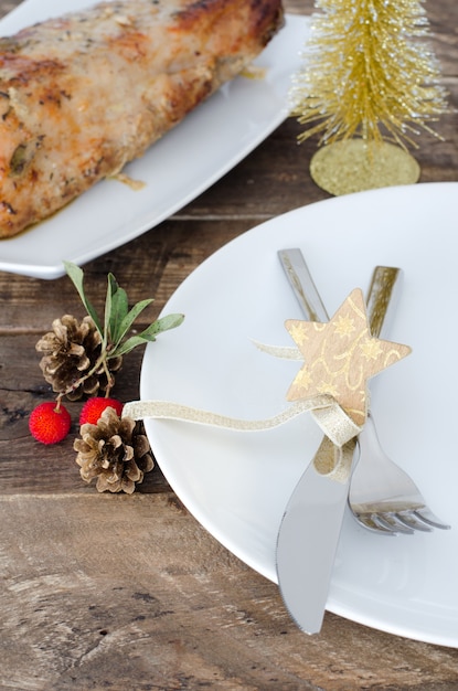 Baked pork loin with Christmas decoration.