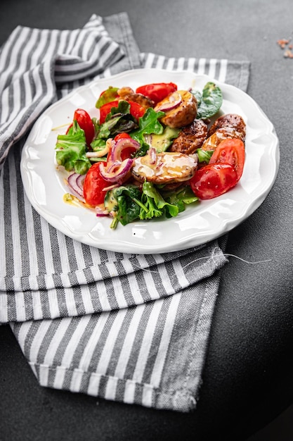 baked potato salad vegetable potato tomato onion salad leaves salad dressing vinaigrette