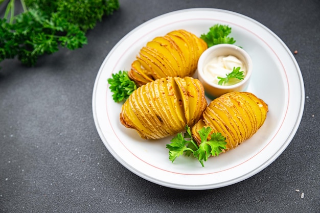 baked potato spicy slice accordion portion vegetable meal food snack on the table copy space food