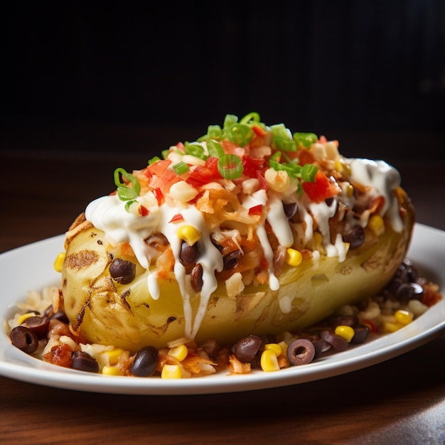 Baked potato stuffed with various toppings like butter cheese olives corn and more