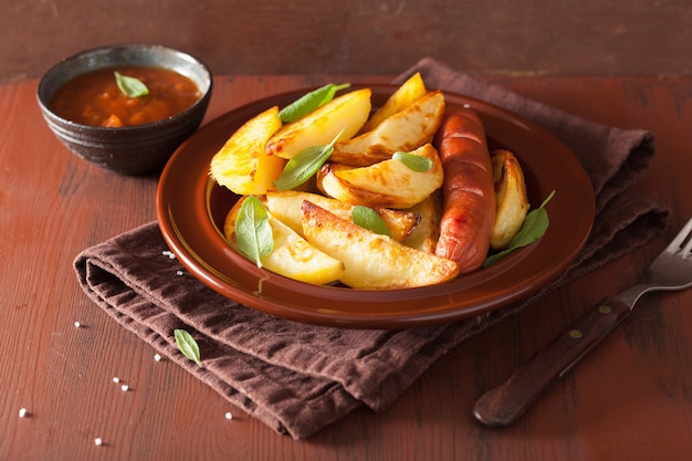 Baked potato wedges and sausage over brown rustic table