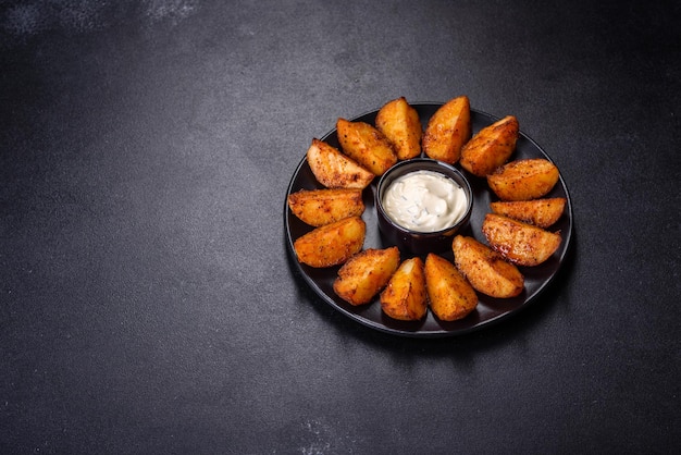 Baked potato wedges with cheese and herbs and tomato sauce on a dark background