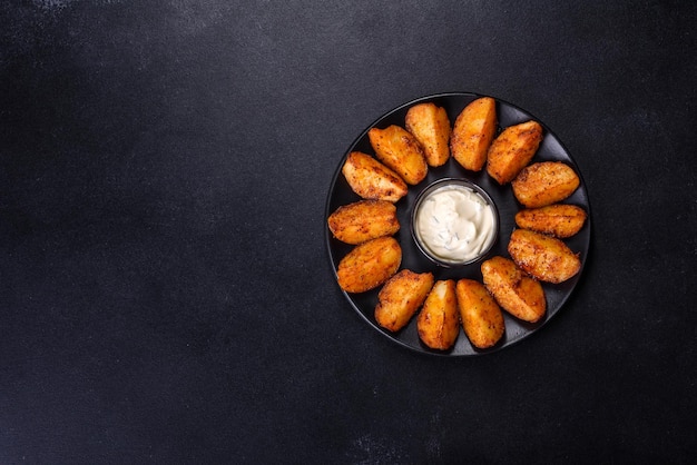 Baked potato wedges with cheese and herbs and tomato sauce on a dark background