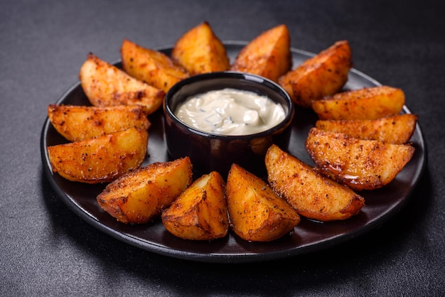 Baked potato wedges with cheese and herbs and tomato sauce on a dark background