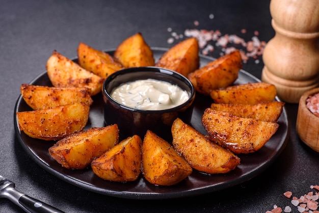 Baked potato wedges with cheese and herbs and tomato sauce on a dark background