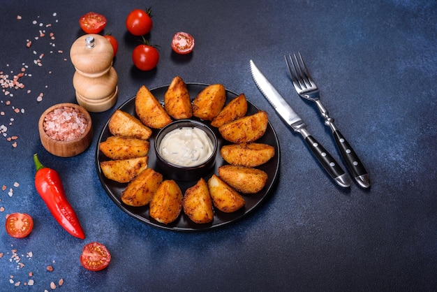 Baked potato wedges with cheese and herbs and tomato sauce on a dark background