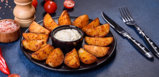 Baked potato wedges with cheese and herbs and tomato sauce on a dark background