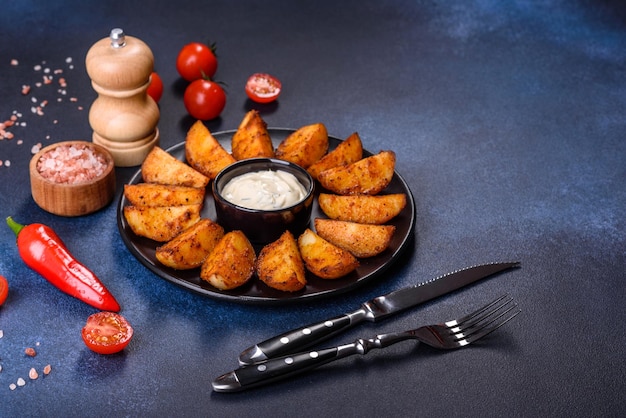 Baked potato wedges with cheese and herbs and tomato sauce on a dark background