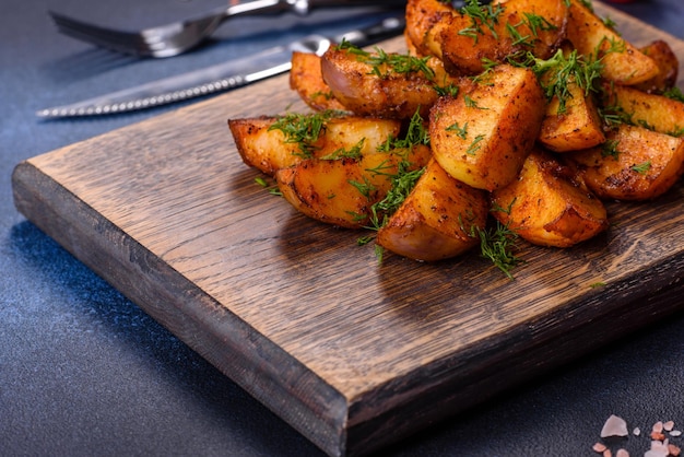 Baked potato wedges with cheese and herbs and tomato sauce on a dark background