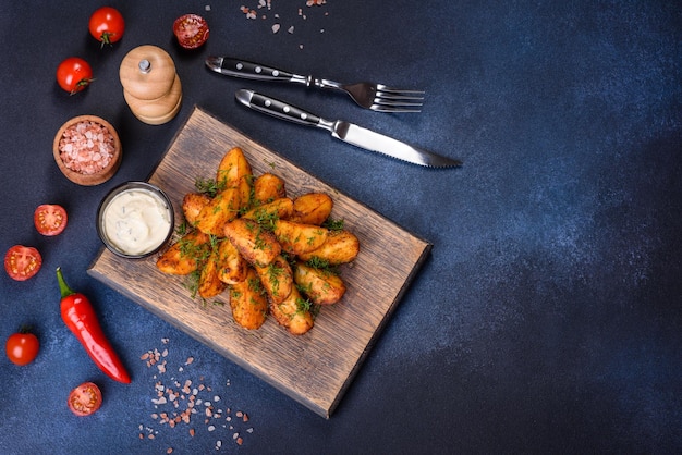 Baked potato wedges with cheese and herbs and tomato sauce on a dark background