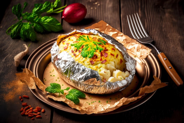 Baked potatoes in foil on metal platter with basil leaves and red onions