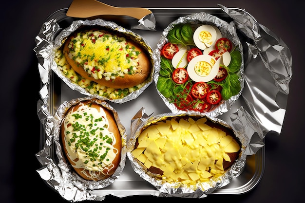 Baked potatoes in foil on tray with fresh salad of greens tomatoes and chicken eggs