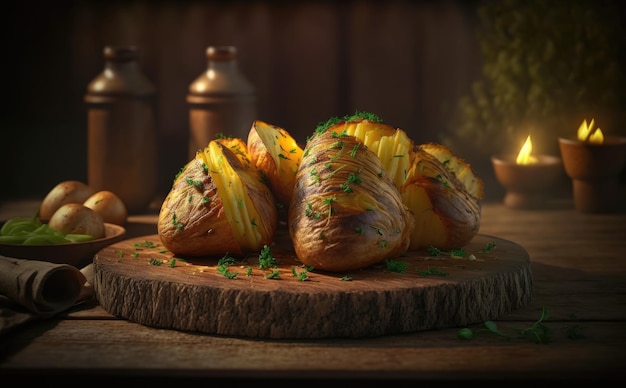 Baked potatoes served on wooden board ai generated