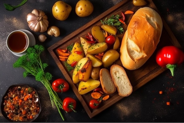 Baked potatoes with herbs and spices on a wooden tray top view