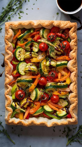 Photo baked puff pastry tart with various vegetables