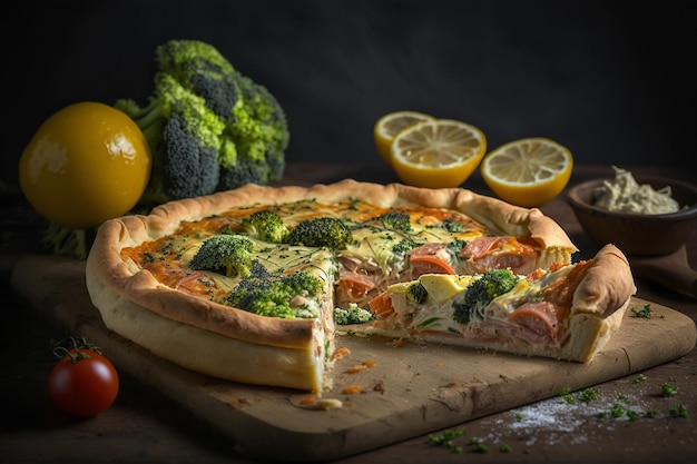 Baked quiche with salmon and broccoli illustration Generative AI