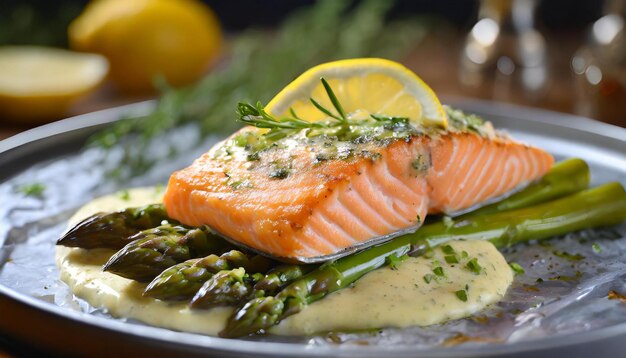 Photo baked salmon in foil with asparagus and lemon garlic butter sauce