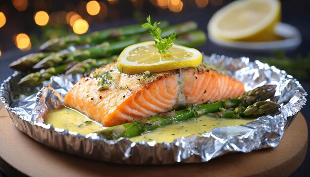 Photo baked salmon in foil with asparagus and lemon garlic butter sauce