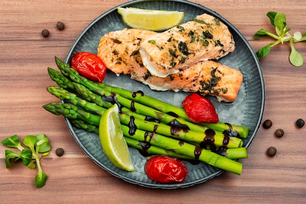 Baked salmon and green asparagu