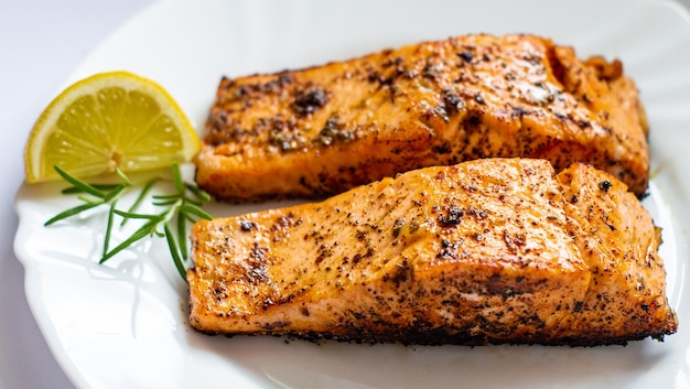 Baked salmon with lemon, red fish in the oven