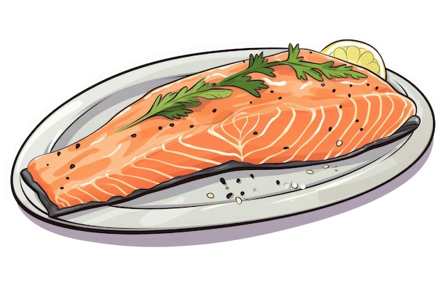 Baked salmon with sauce manga style vector illustration sticker black outline white background