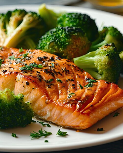 Photo baked salmon with steamed broccoli