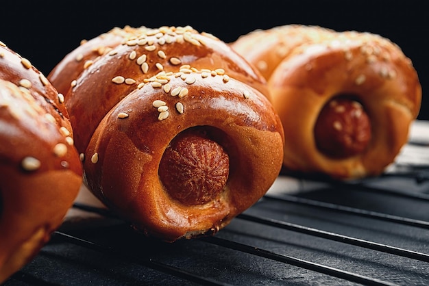 Baked Sausage in dough on a grill dark background Closeup