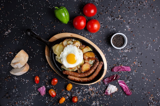 Baked sausages with potatoes and fried eggs served at the restaurant,  on black with red tomatoes, bread, red green peppers and broccoli