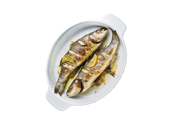 Baked sea bass in a baking dish Isolated on white background