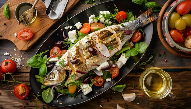 Photo baked seabass with greek salad on wooden table top view