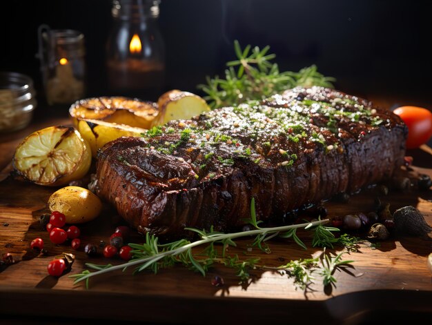 Baked steak with vegetables and herbs Generative AI