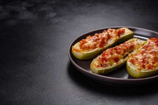 Baked stuffed zucchini boats with minced chicken mushrooms and vegetables with cheese