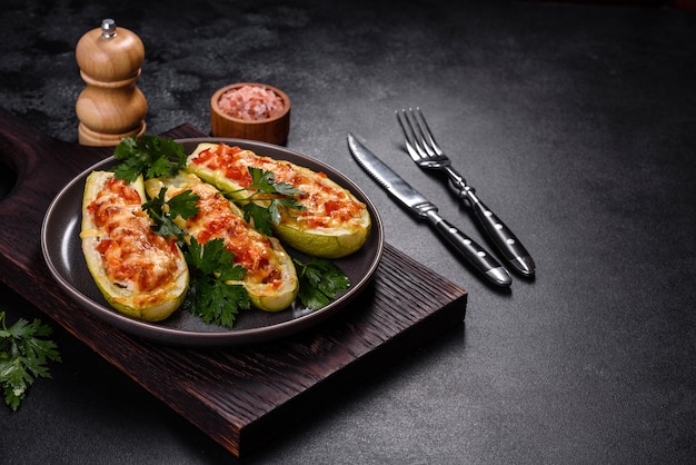 Baked stuffed zucchini boats with minced chicken mushrooms and vegetables with cheese