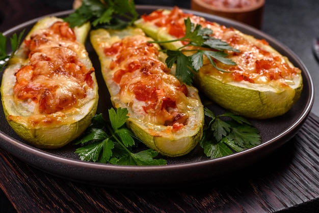 Baked stuffed zucchini boats with minced chicken mushrooms and vegetables with cheese