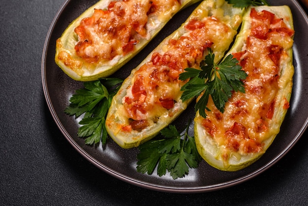 Baked stuffed zucchini boats with minced chicken mushrooms and vegetables with cheese