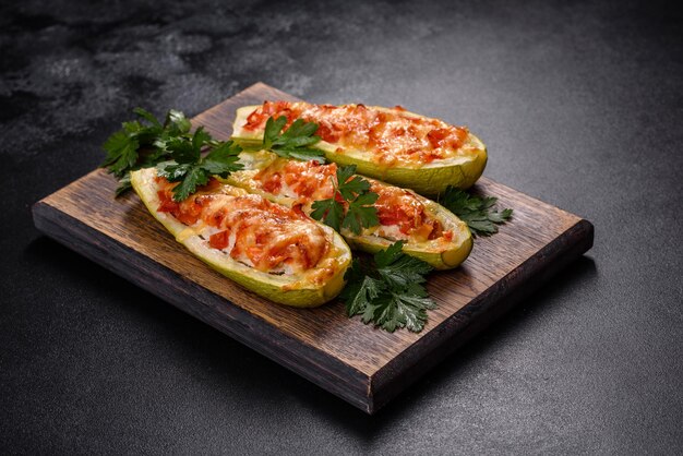 Baked stuffed zucchini boats with minced chicken mushrooms and vegetables with cheese