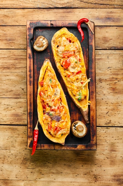 Baked sweet potatoes with peppers,quinoa and mushrooms.Batat halves stuffed with vegetables