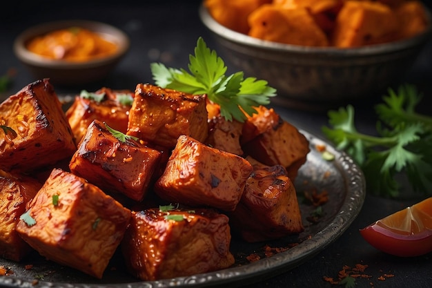 Baked tikka pieces on a tray